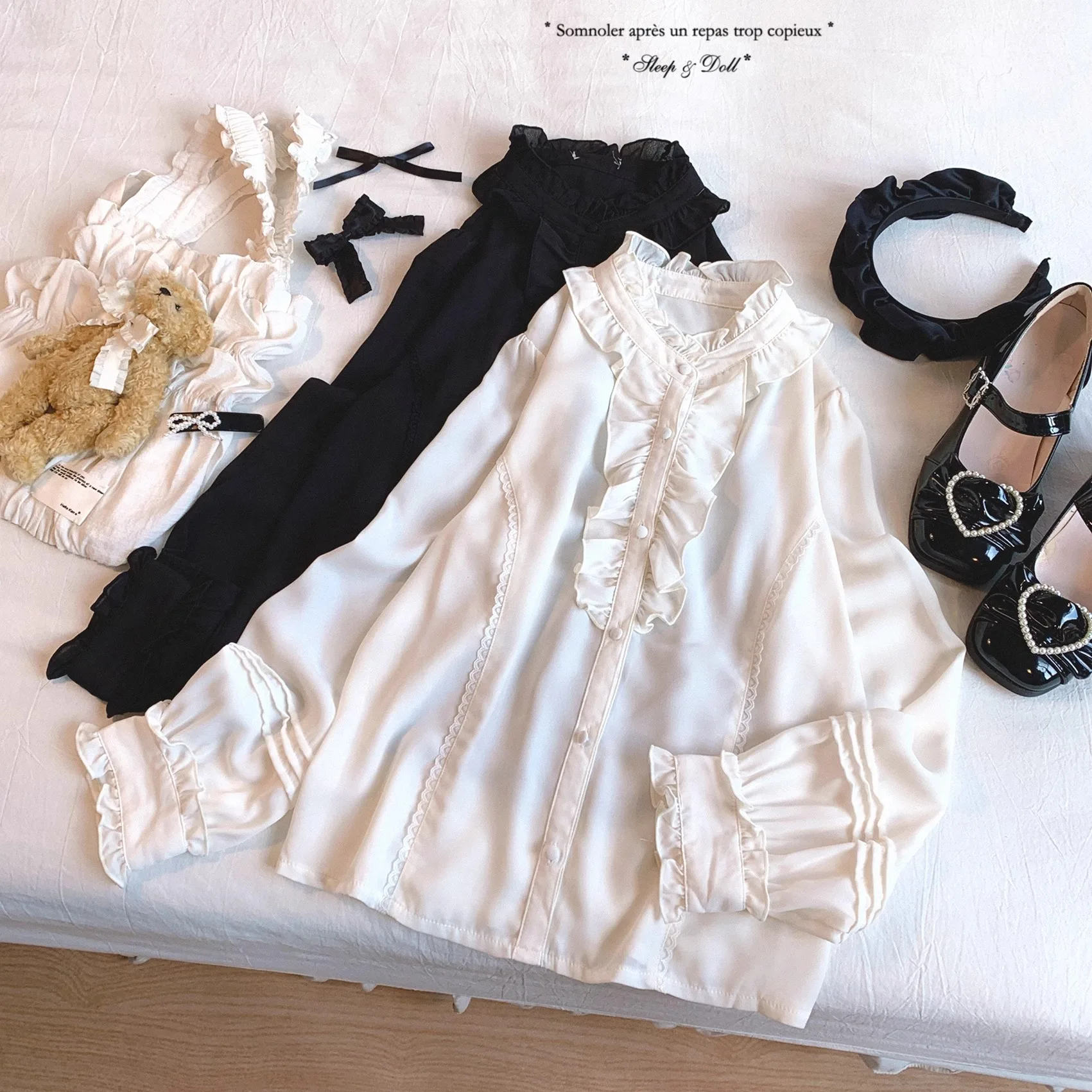 Japanische Elegante Retro Stehkragen Rüschen Spleißen Lange ärmeln einreiher Süße Lose Vielseitige Shirts Tops Frauen Sommer