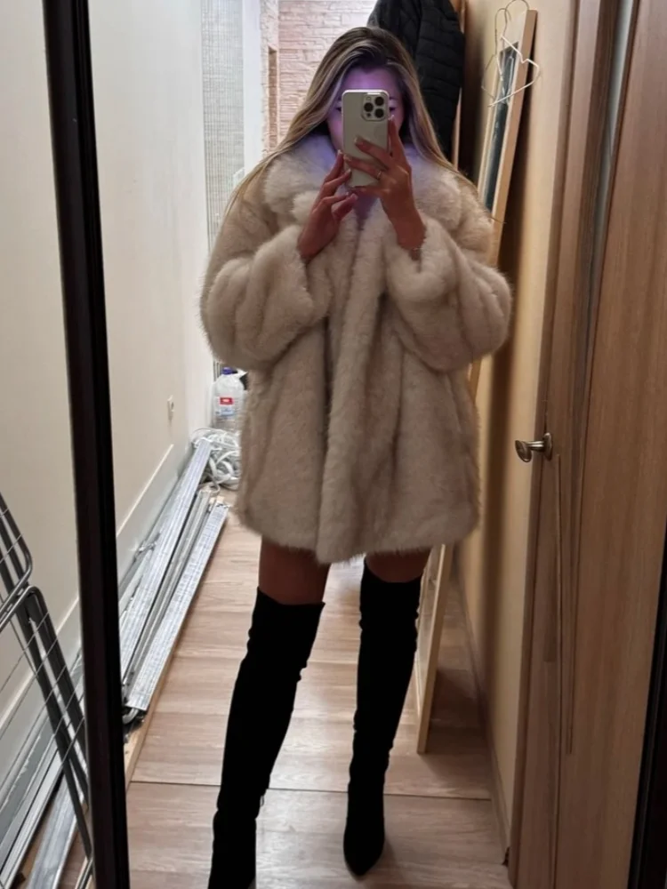 Womens Notched Lapel Mid Length Faux Fur Coat Long Sleeve Open Front Voluminous Fluffy Casual Warm Winter New Daily Outerwear