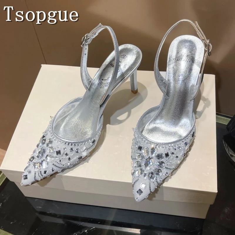 

Luxury Design Bling Bride Wedding Shoes Pointed Toe Rhinestone Mesh Thin High Heels Pumps Women Party Banquet Stilettos