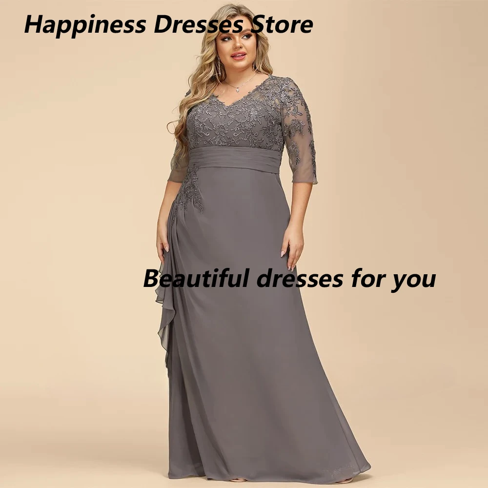 Abito grigio per la madre della sposa con scollo a V maniche a 3/4 con applicazioni di perline in chiffon A Line Abito da cerimonia per invitati Abiti da sera personalizzati