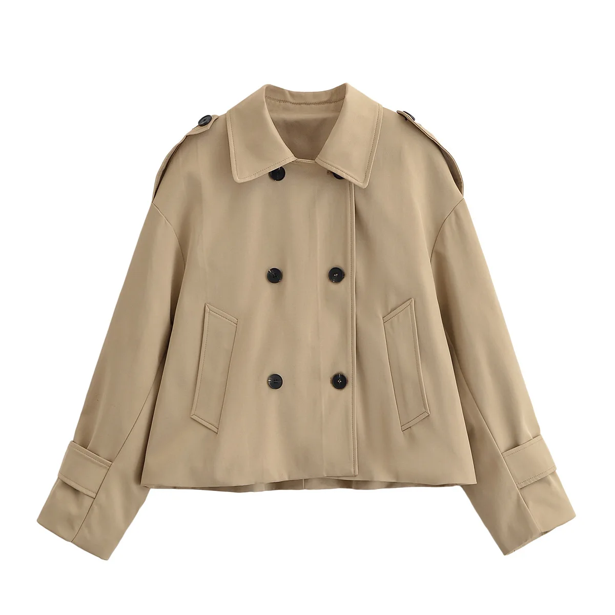 

Woman's Double Breasted Cropped Trench Coat Lapel Long-sleeved Solid Color Pockets Simple Jacket Commuting Early Autumn Chic Top