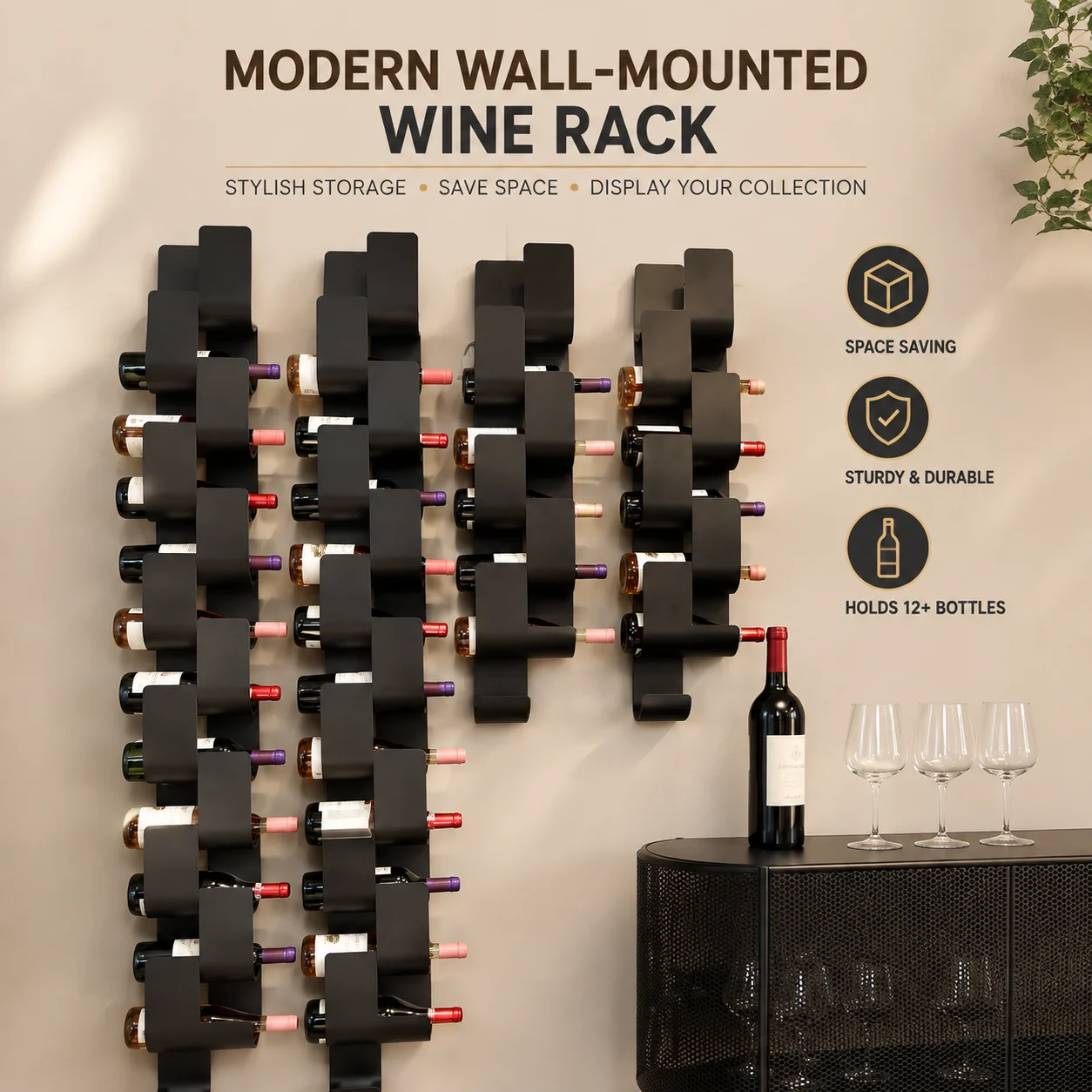 Modern Wrought Iron Wall-Mounted Wine Rack for Home or Restaurant – Space-Saving Display Shelf