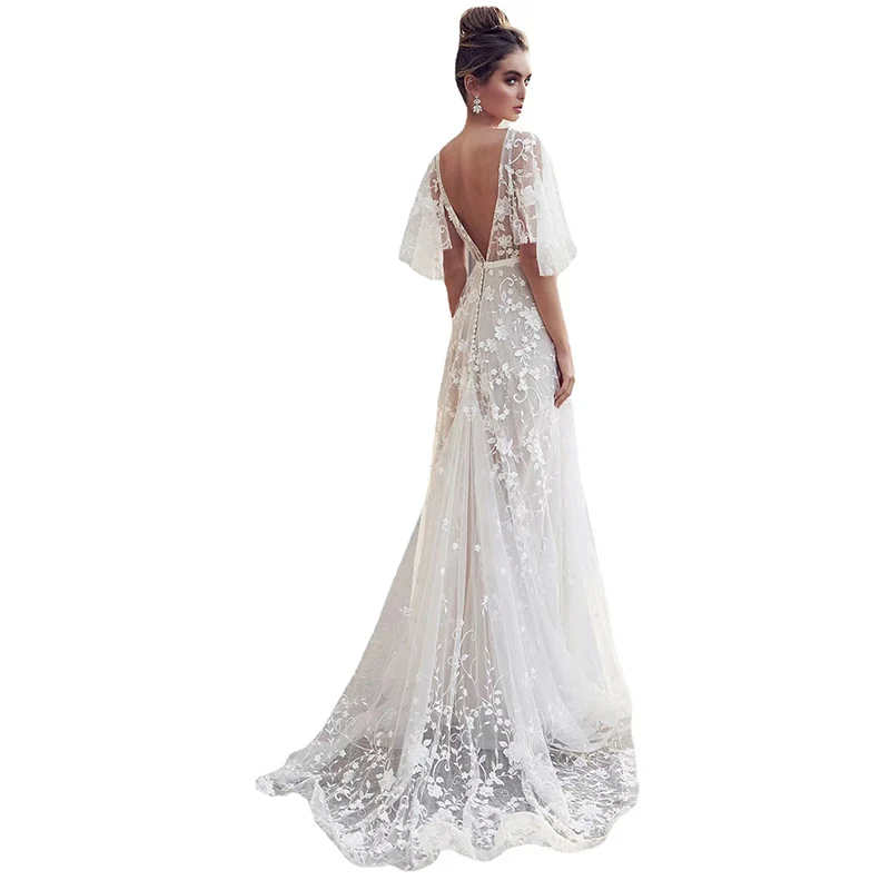 Sexy A-Line Backless Wedding Dress woman 2023Lace Applique Tulle Wedding Gowns Long Bridal Dresses Bohemian Elegant Luxury Dress