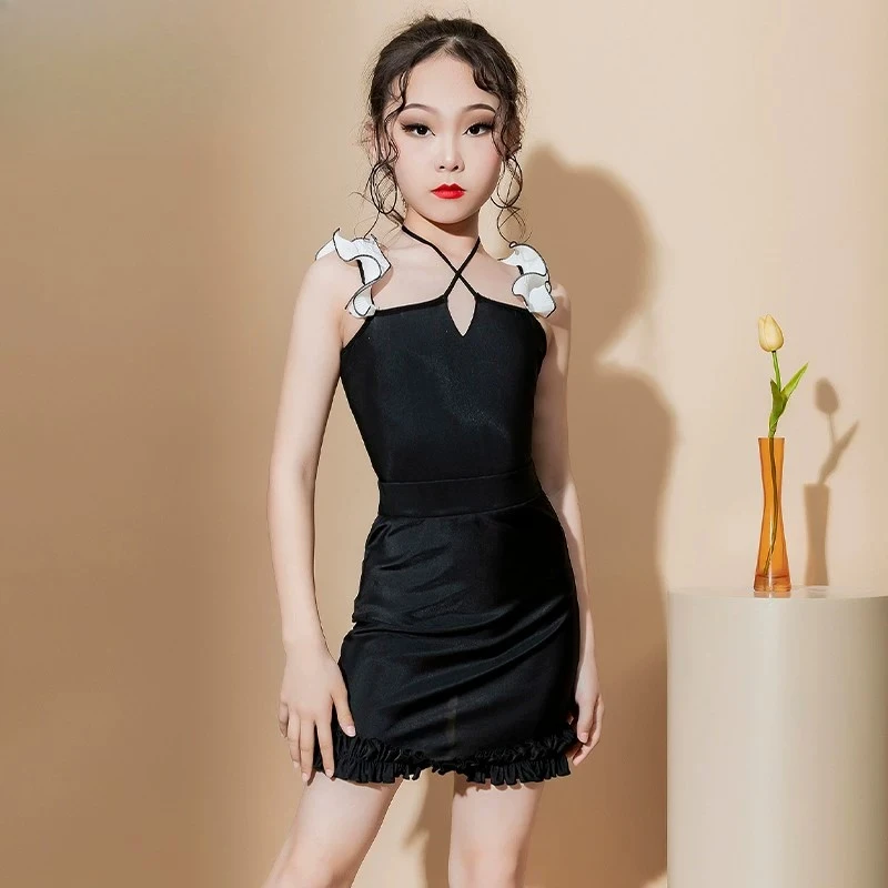 2026 Spring and Summer New Latin Dance Costume Children's Adolescent Black Practice Costume Performance Costume Strap Set