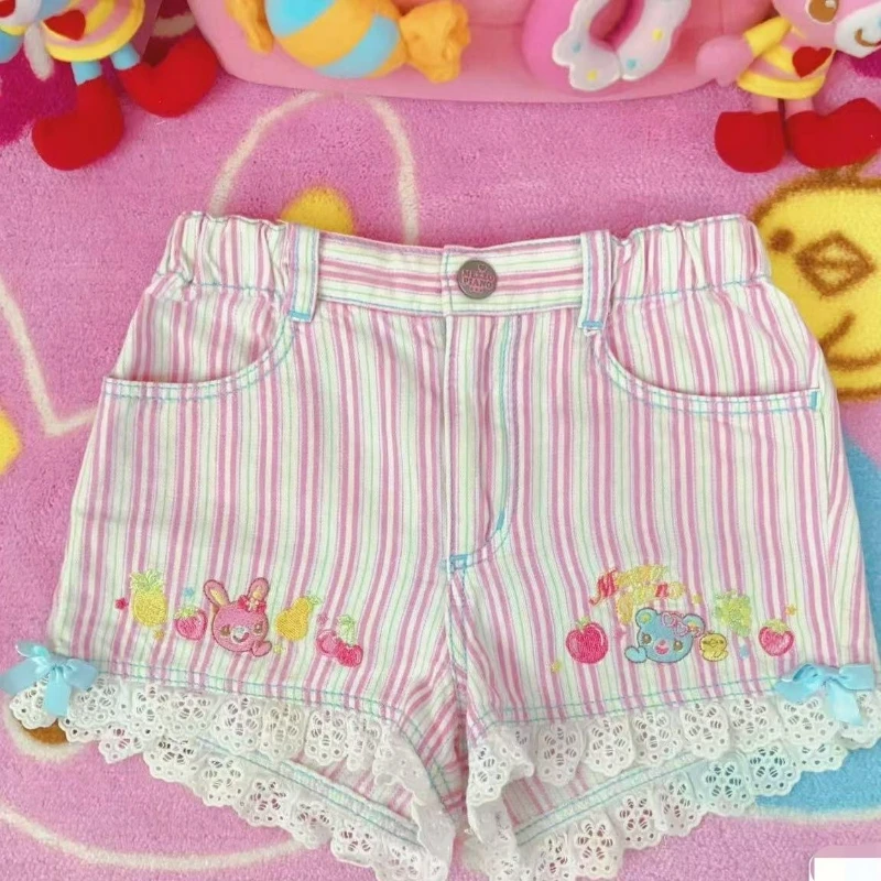 

Japanese Sweet Lolita Style Shorts Women Kawaii Cartoon Bunny Embroidery Lace Patchwor Short Pants Y2k Stripe Shorts Ropa Mujer