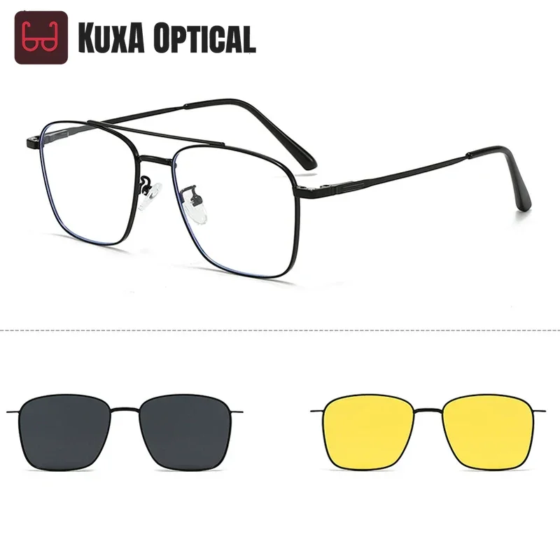 

XUKA 3 in 1 Polarized Men Women Optics Prescription Glasses -0.50 to -10 Big Frame Alloy Myopia Sunglasses Magnetic Clip