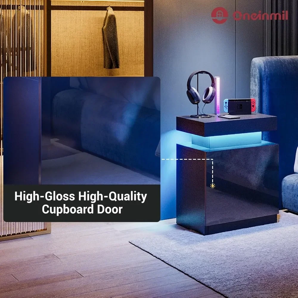 Nightstand Set of 2, LED Nightstand with One Cabinet, Bedside Table with LED Lights, Modern End Side Table for Bedroom