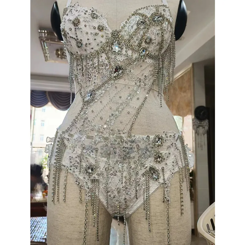 Sparkly Rhinestone Chains Bikini Bodysuit Sexy Nightclub Bar Gogo Stage Wear DJ Dancer Pole Dance Costume Music Festival Clothes