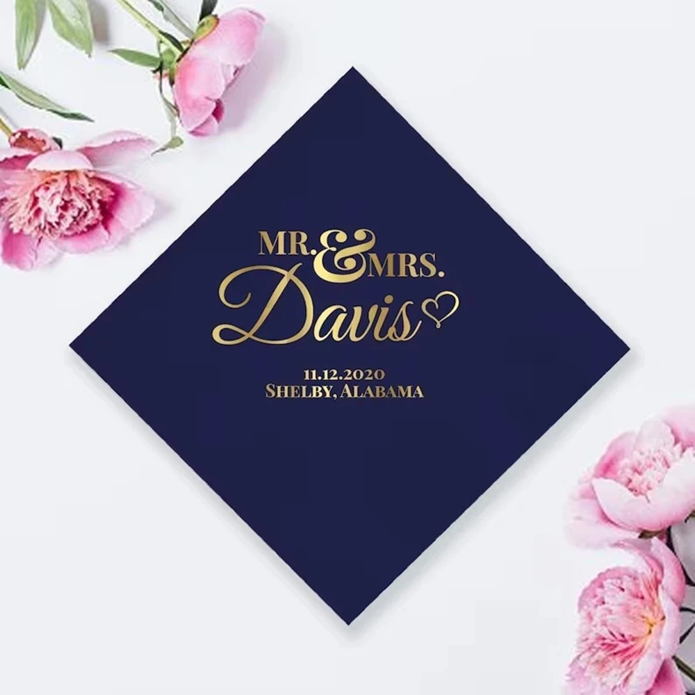 

Personalized Mr. and Mrs. Custom Wedding Napkin, Foil Stamped Beverage Napkin, Customized Wedding Napkins, 50Pcs