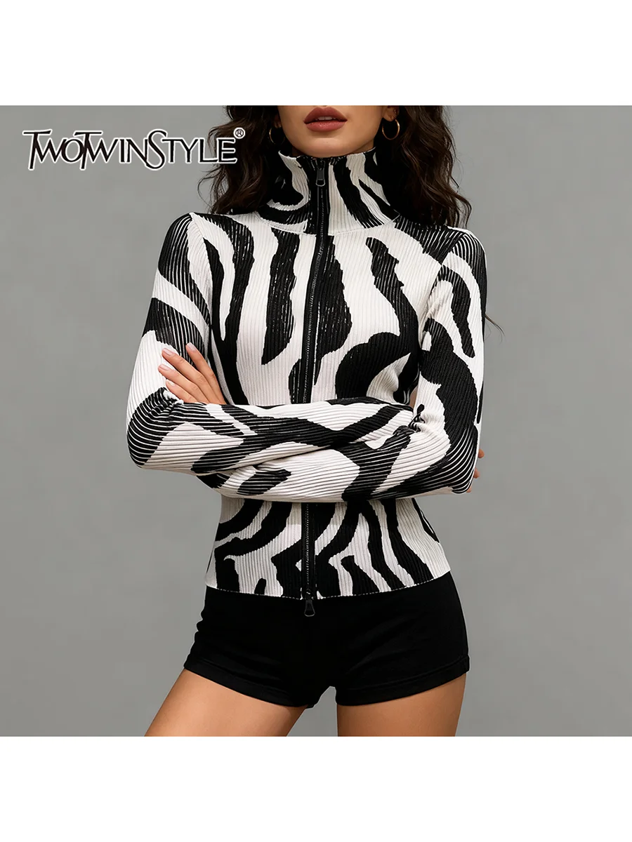 

TWOTWINSTYLE модные кардиганы в полоску для похудения для женщин, туника с высоким воротом и длинными рукавами, лоскутный женский кардиган на молнии