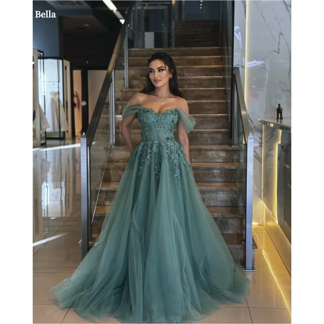 

Bella Customized Green Flowers Embroidery One Shoulder robes de soirée Strapless Party Dresses Floor-Length A-line Prom Dress