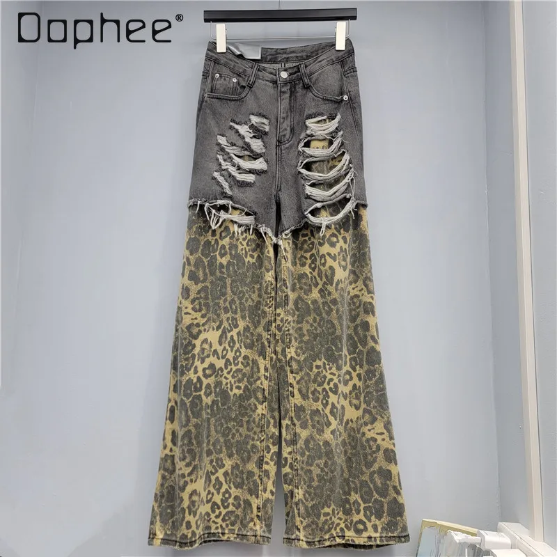 

2025 New Retro Design Leopard Print Patchwork Distressed Fake Two-Piece High-Waisted American High Street Straight-Leg Jeans