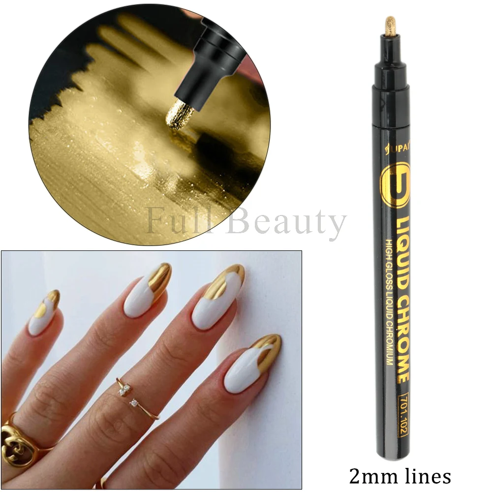 Impermeável Nail Art Marcador Pen, Graffiti Pen, Design Gel polonês, Desenho Liner Brush, cor prata ouro metálico, LEB704, 1Pc