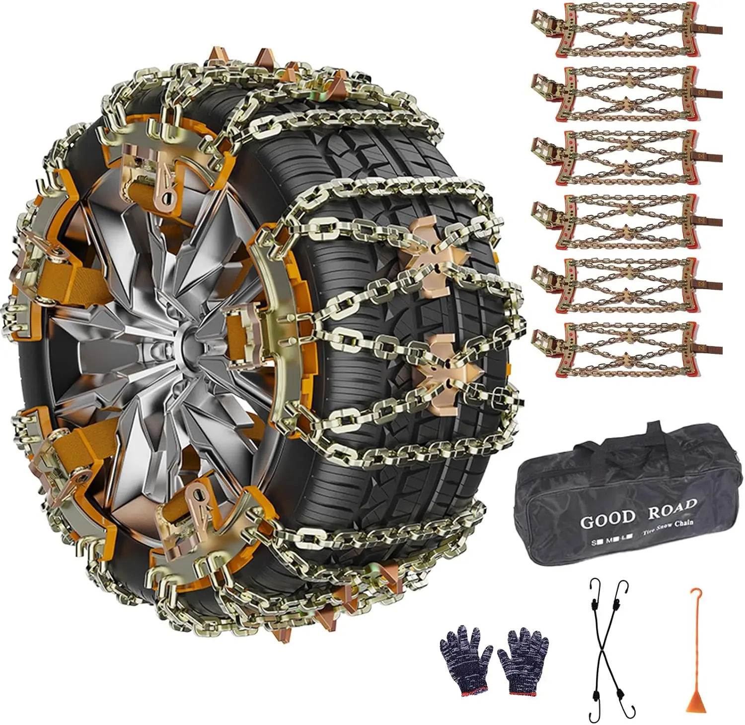 

Комплект из 6 универсальных цепей противоскольжения для внедорожников и пикапов - регулируемые, с противоскользящим покрытием (для шин шириной 225-285 мм/8.8-11.2 дюйма)