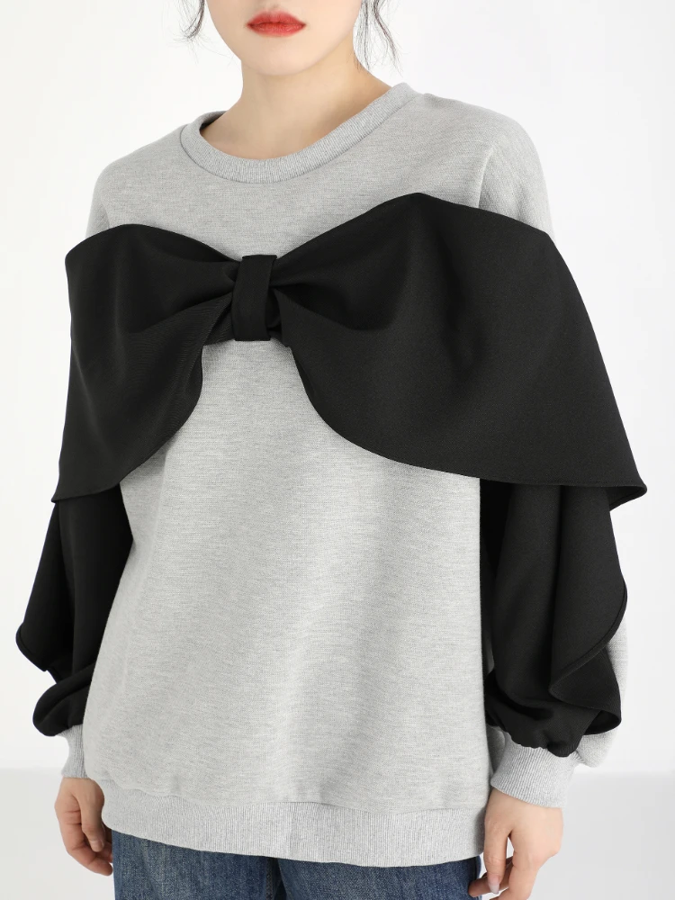 O-neck Sweatshirt Women Fake Two Piece Patchwork Bow Sweet Ruffles Korean-style Design Office Ladies All-match Loose Trendy Cozy