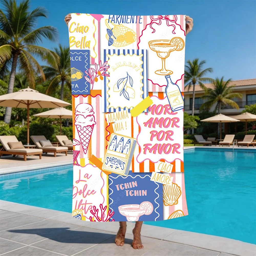 Amalfi Coast Retro Poster Collage Beach Towel Multiple Sizes For Fashion Women Summer Pool Swim Towel