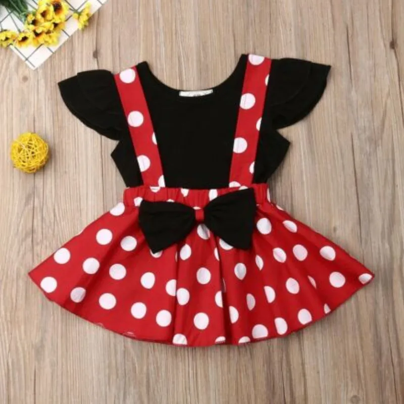 

RUEWEY 6 Months to 3 Years Baby Girls Fashion Dress Set Flying Sleeve Round Neck Short Sleeve Top Wide Strap Polka Dot Skirt