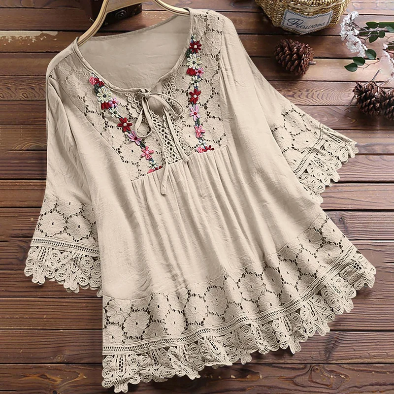 New Lace Patchwork Blouse Elegant Women Fashion Summer Short Sleeve Loose Lace-up Shirt Casual Office Simple Hollow Out Tops