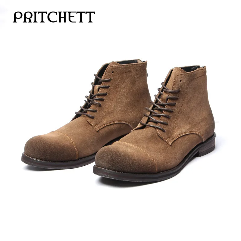 Botas de trabalho de camurça masculina, couro genuíno, afligido, top alto, zíper, botas de deserto, personalizadas, retrô, fashion