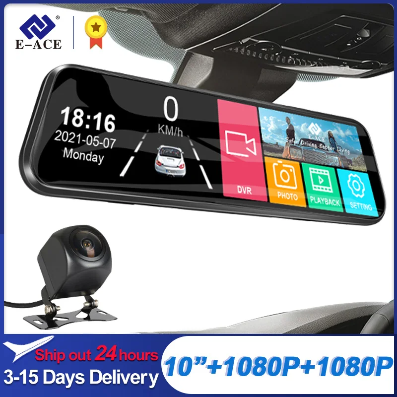 E-ACE 10 Inç Araba DVR Ayna Video Kaydedici 1080 P Dokunmatik Ekran Dashcam Araba Çift Lens Akışı Sürüş Kaydedici Araç Kamerası