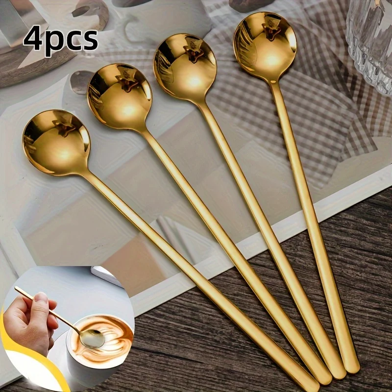 4Pcs Long Handle Ice Spoon Coffee Tea Stir Spoon Stainless Steel Cutlery Set Dinnerware Kitchen Dinner Flatware Set