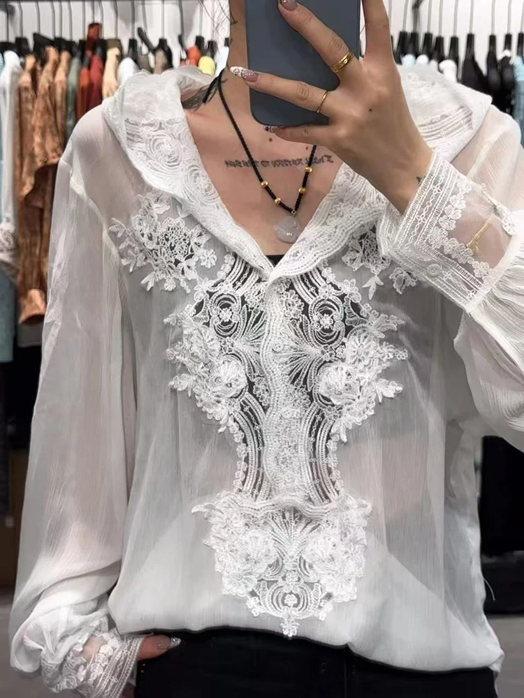 

Women's lace splicing silk blouse, water-soluble flower embroidery blouse, sunscreen hooded shirt, 100% Mulberry Silk, 2025, New