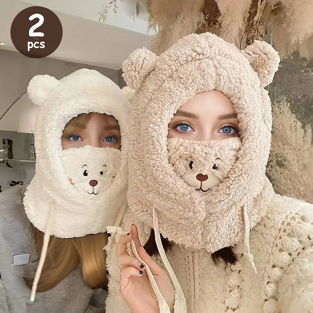 Cartoon Bear Fuzzy Hat, Ear & Neck Protection Winter Cute Hooded Hat, Comfortable Thermal Beanie Hat