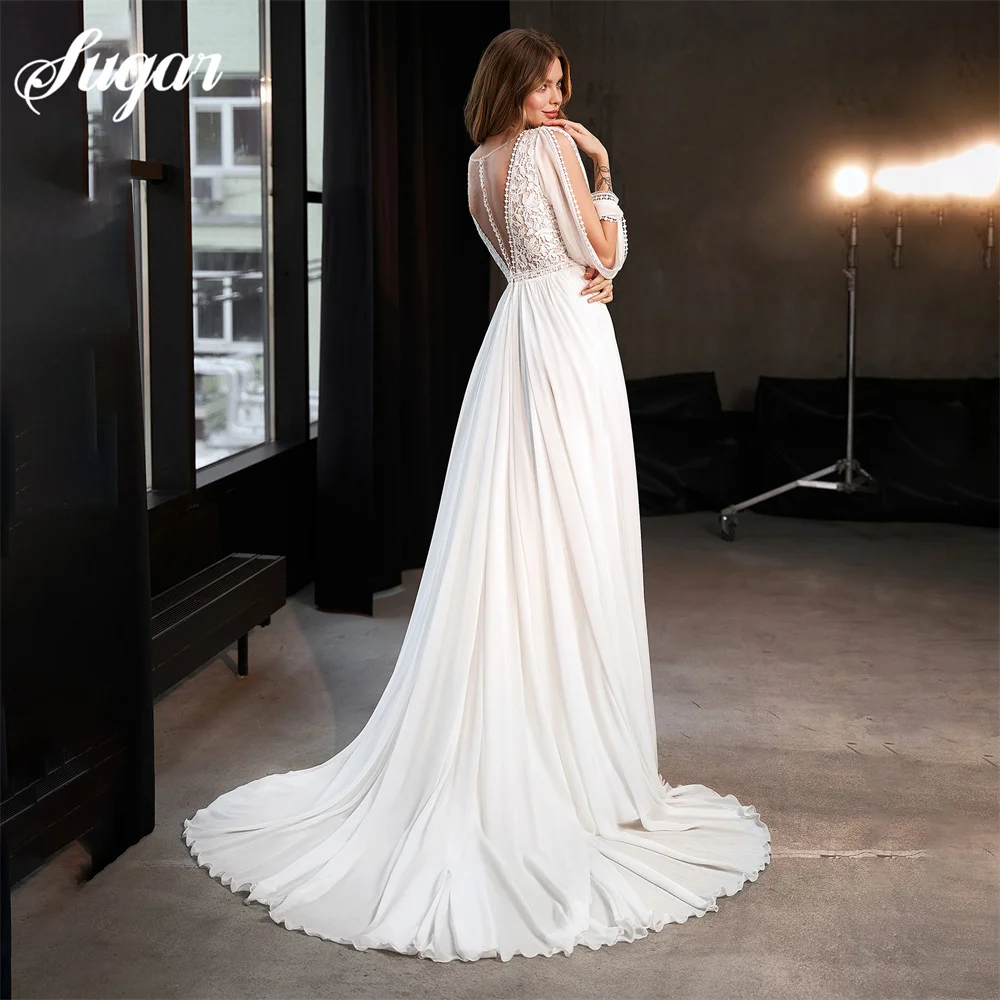 A Line Wedding Dress V Neck Lace Appliques Customized Full Net Sleeve Chiffon Bridal Gown Illusion Back Civil Vestidos De Novia