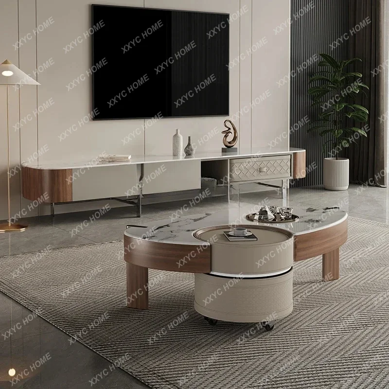 

A TV cabinet coffee table combination light luxury high sense microcrystalline stone oval coffee table