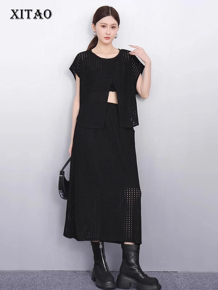 

XITAO Irregular Sleeveless Loose Set Solid Color Casual Hollow Out O-neck Temperament Simple Summer Woman Two-piece Sets ZMY1292