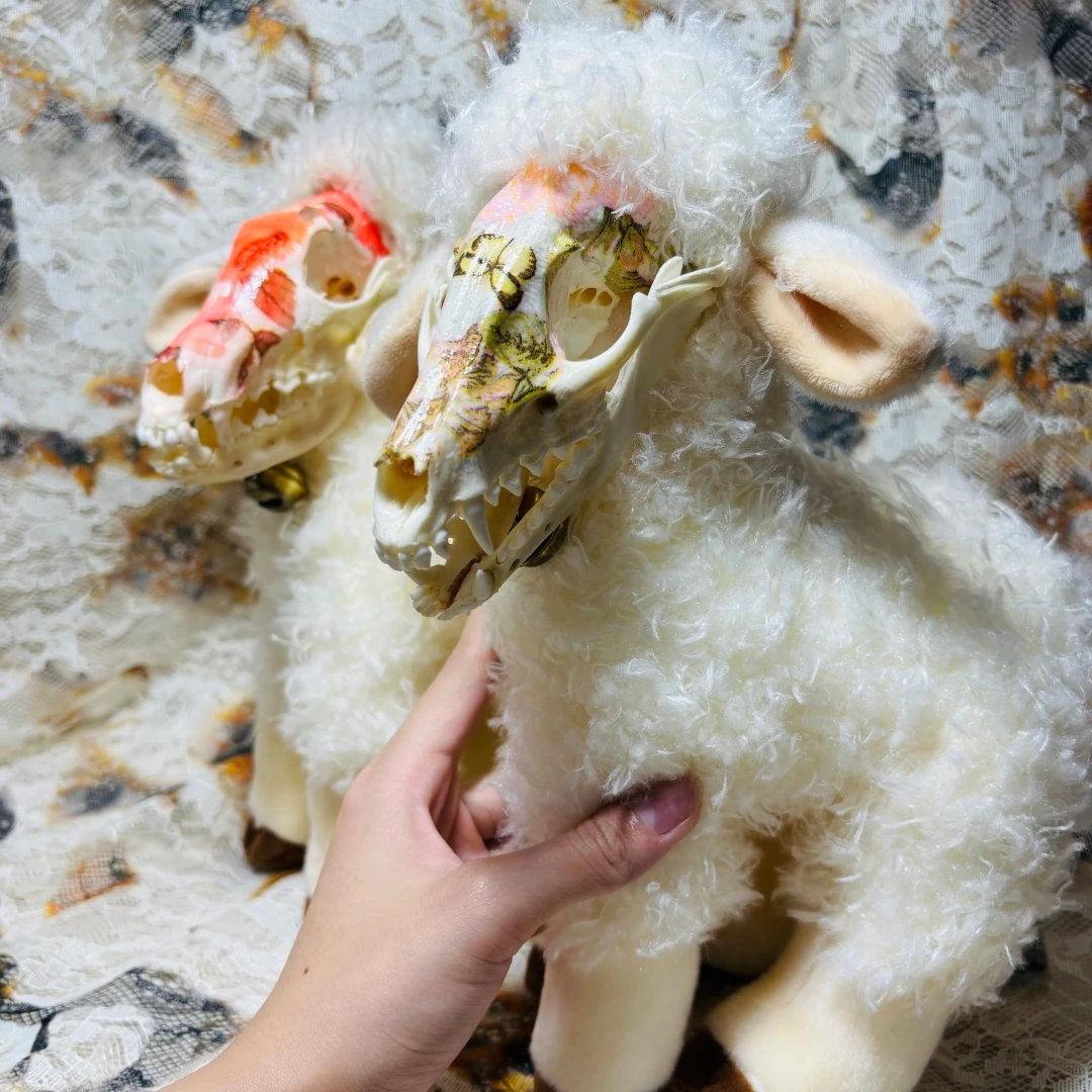 2167 Handcrafted Fantasy Creature Lamb Art Figurine Bone Texture Head Plush Body Gothic Punk Tabletop Display Dark Aesthetic