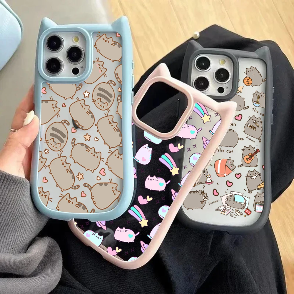 Pusheens Cats Cute Cat Ear Phone Case For iPhone 15 14 13 12 11 Pro Max Transparent Shockproof Hard Acrylic Soft Silicone Bumper