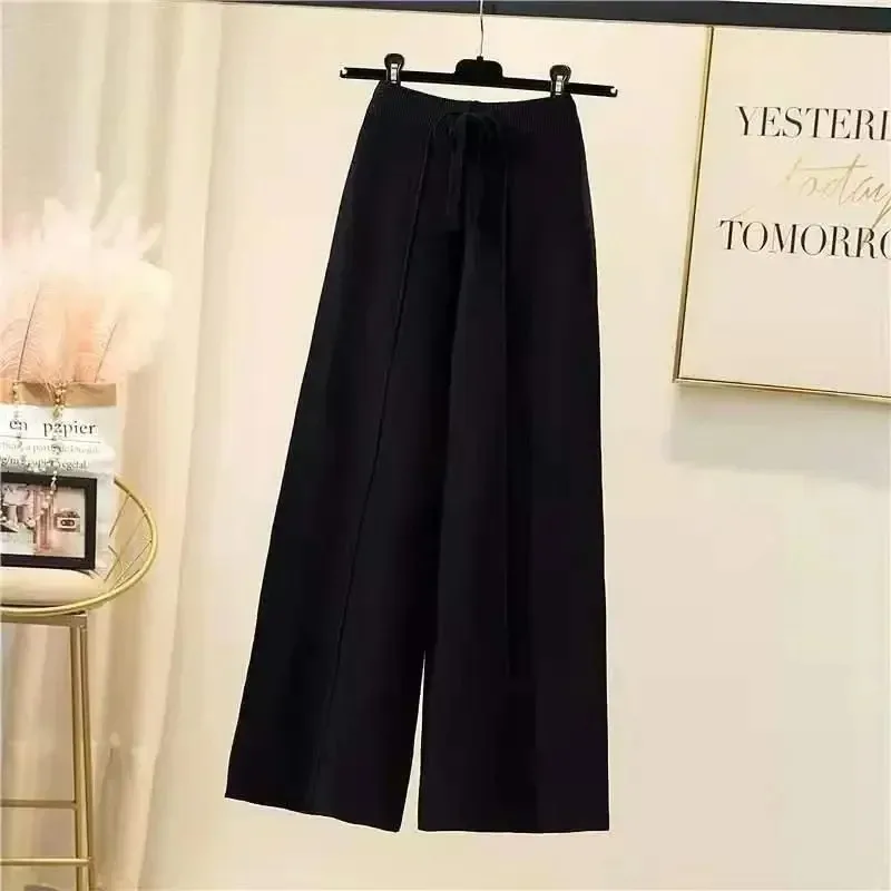 Knitted Pants Women Spring and Autumn High Waist Elastic Drape Drawstring Loose Casual Mopping Pants Straight Wide Leg Pants