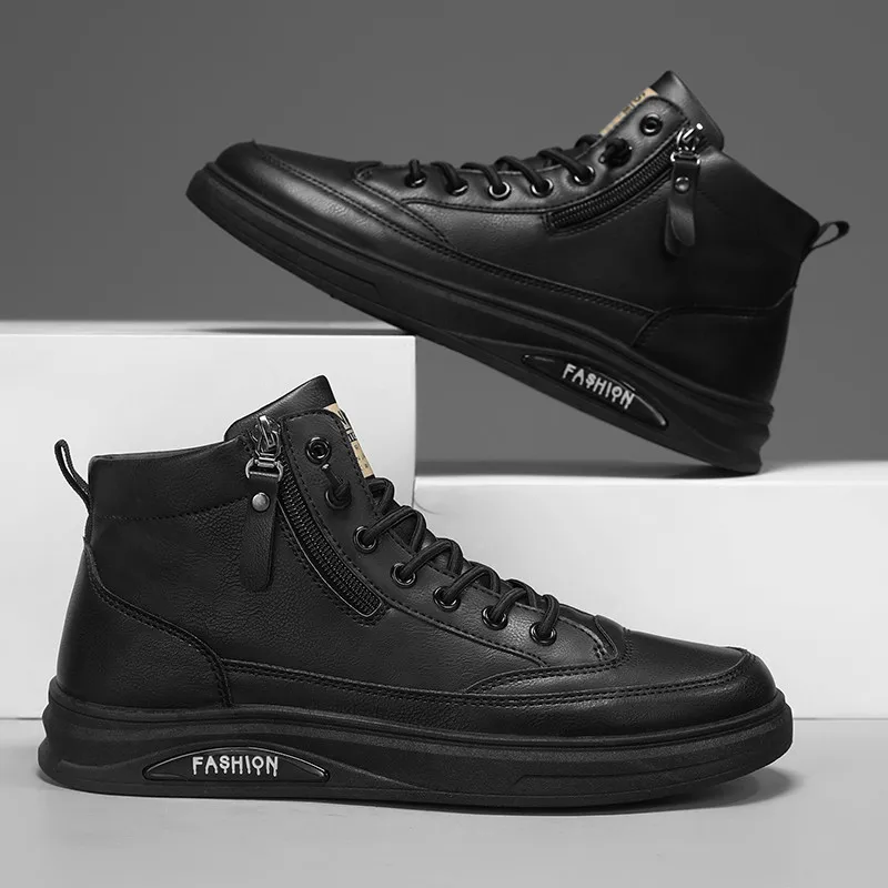 

Men's PU surface casual shoes 2024 new fashion comfortable soft leather high-top casual side zipper mid-top sneakers