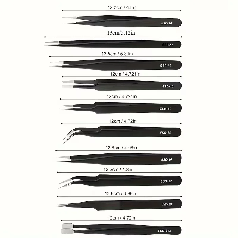 10Pcs Anti‑Static ESD Tweezers Set Stainless Steel Precision Tweezers for Electronics Jewelry Repair