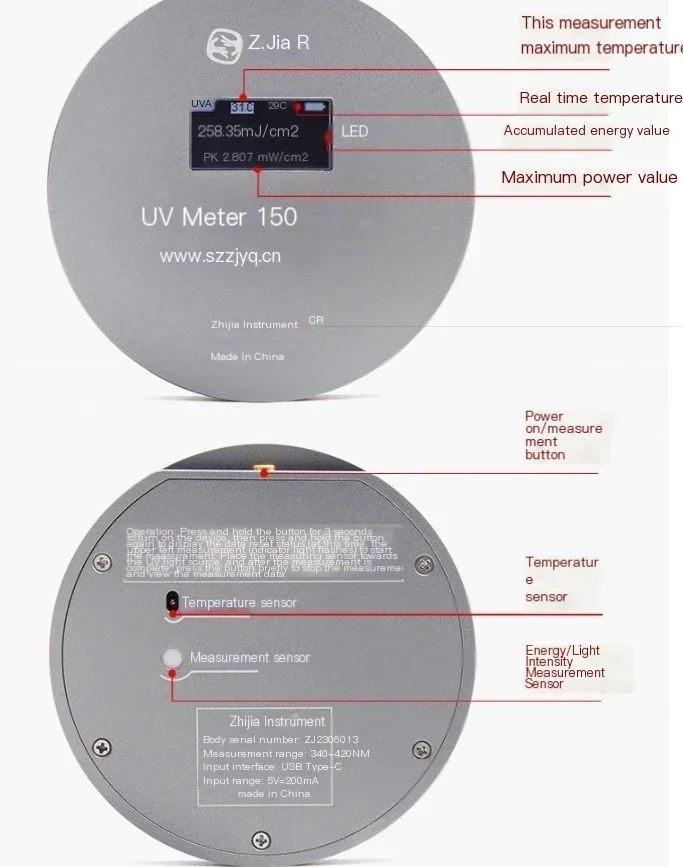 energy meter LED light source 395NM peak 340-420nm LED illuminance meter power energy temperature display