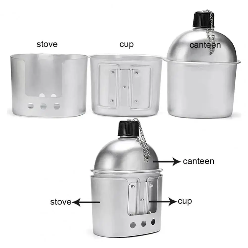 Adventure Cooking Equipment Set 3-piece Canteen Set with 800ml Water Bottle 600ml Cup Stove Pouch Kit for Camping Outdoor
