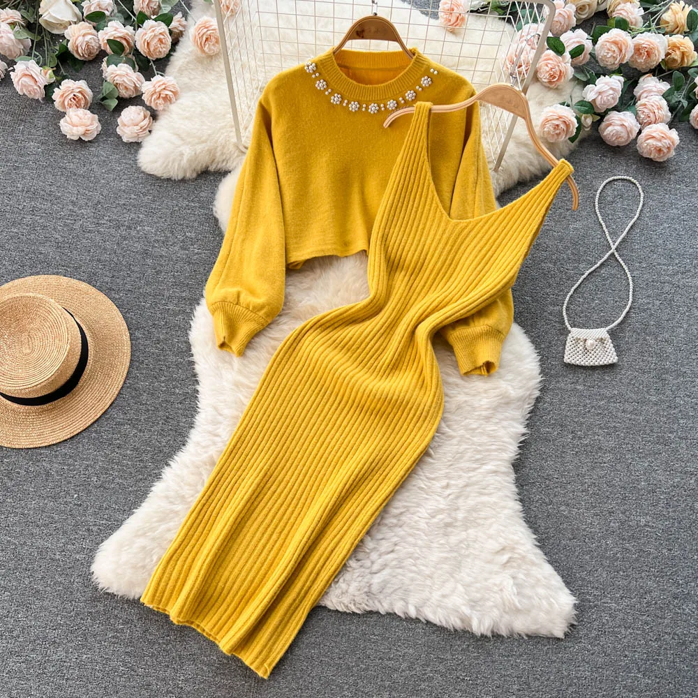 Neue Frauen ärmelloses Kleid gestrickt zweiteilig Set Mode Perlen Perle Langarm Croppde Sweater Schal gestrickt Camis Kleid Sets