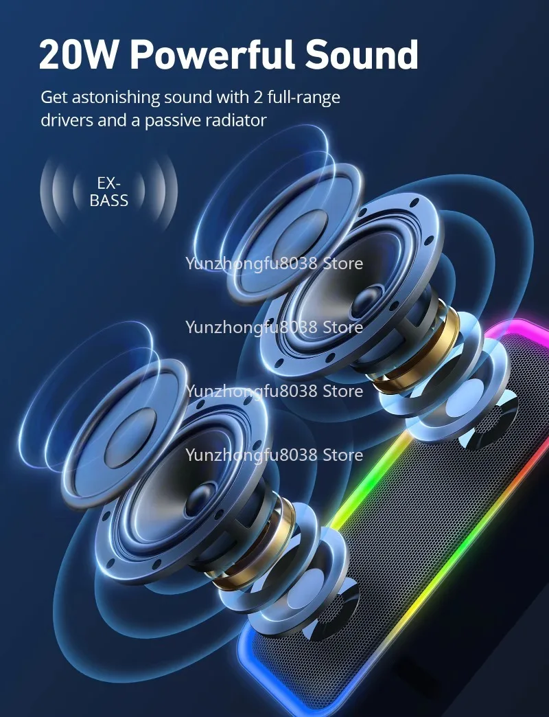 High Power 20W Portable Wireless Bluetooth Speaker IPX6 Waterproof 20H Playtime RGB Lights Deep Bass Party(Character Count: 96)