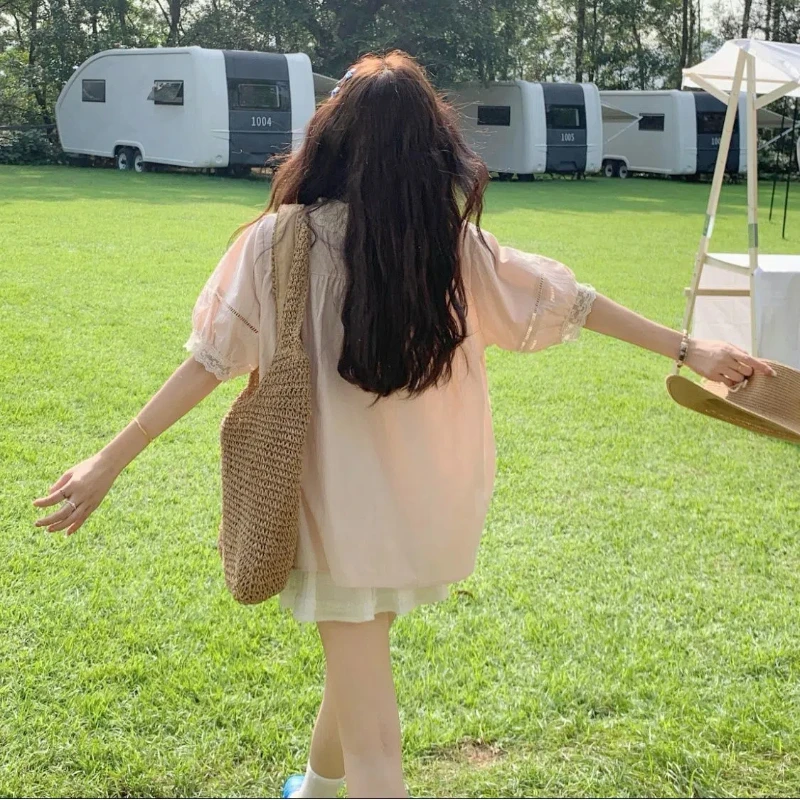 Vintage Preppy Style Summer 2024 Lolita New Patchwork Pullover O-Neck Lace Embroidery Fashion Loose Short Sleeve Blouses Shirts