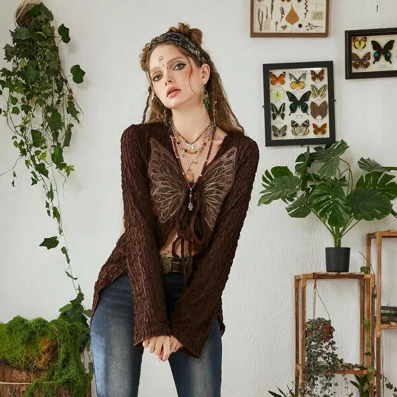 JHJN Gothic Design Butterfly Embroidery Lace Long Sleeved Cardigan Thin Style Smock T-shirt Elastic Knitting Niche Tops