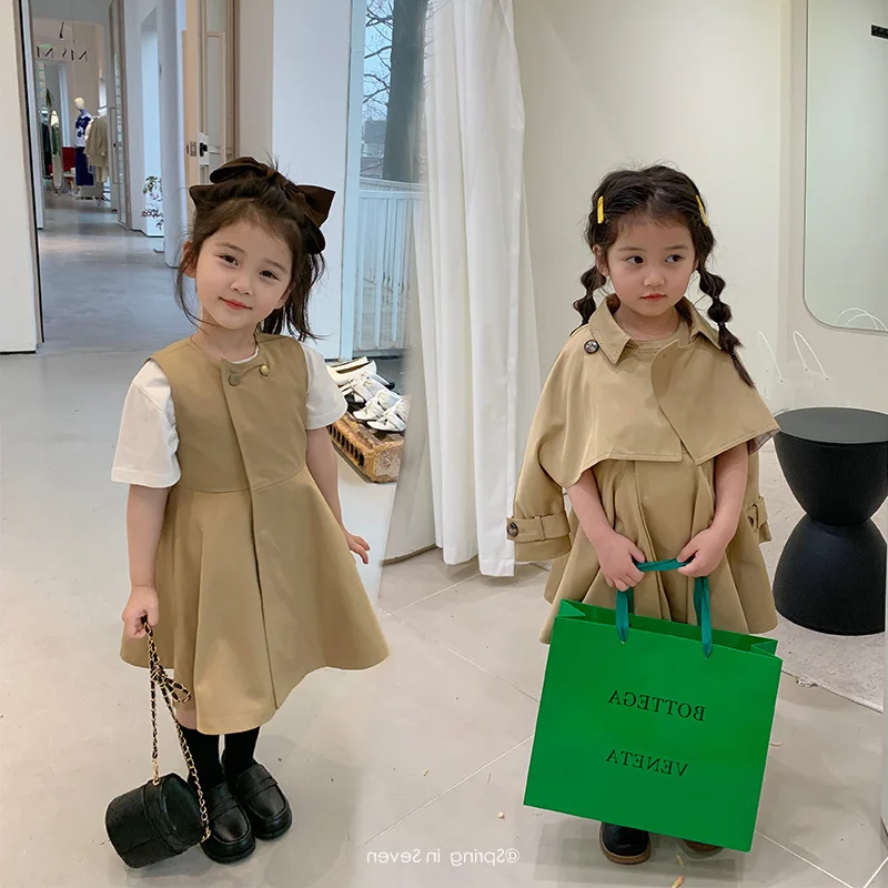 Spring Autumn Toddler Kids Girl 2PCS Clothes Set Cotton Trench Coat Outfit Solid Casual Sleeveless Dress Infant Babys Girl Suits