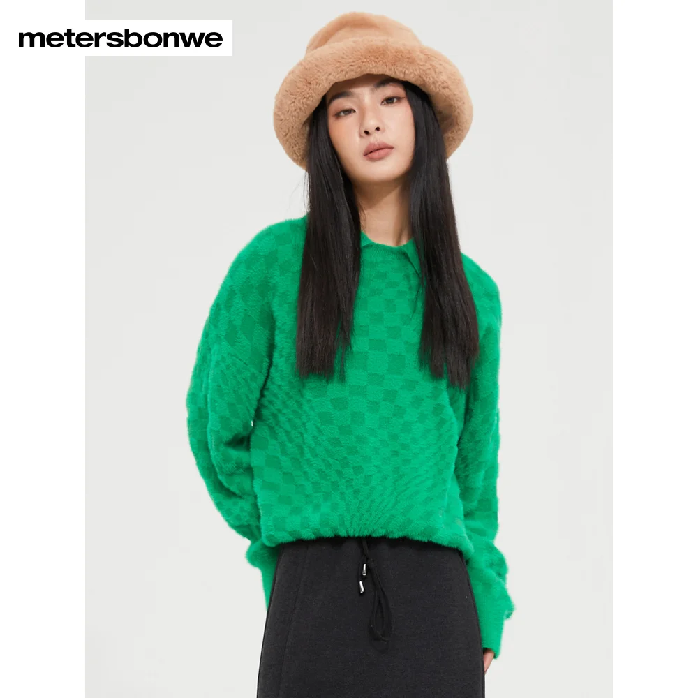 Metersbonwe-Women\'s POLO Collar Jumper Simple Checkerboard Loose Sweater  Christmas Green Sweet Stylish Female Warm Wear Winter