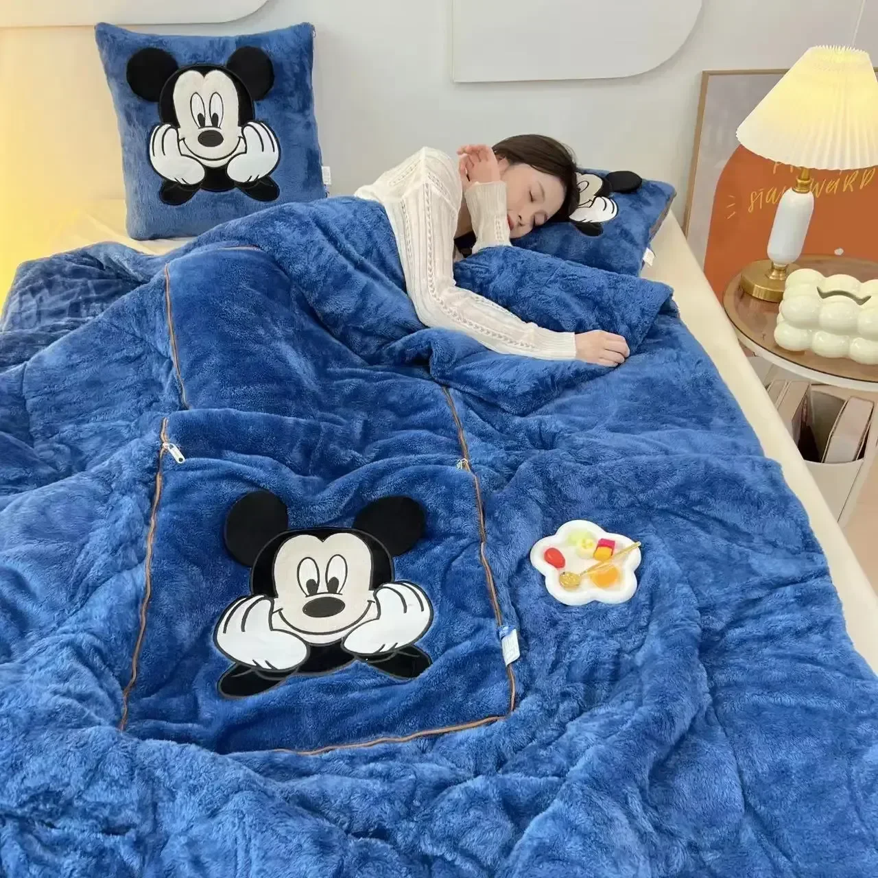 Stitch Disney Blanket Winter New Stitch Mickey Mouse Embroidered Pillow Blanket 2-in-1 Sofa Office Nap Blanket Christmas Gifts