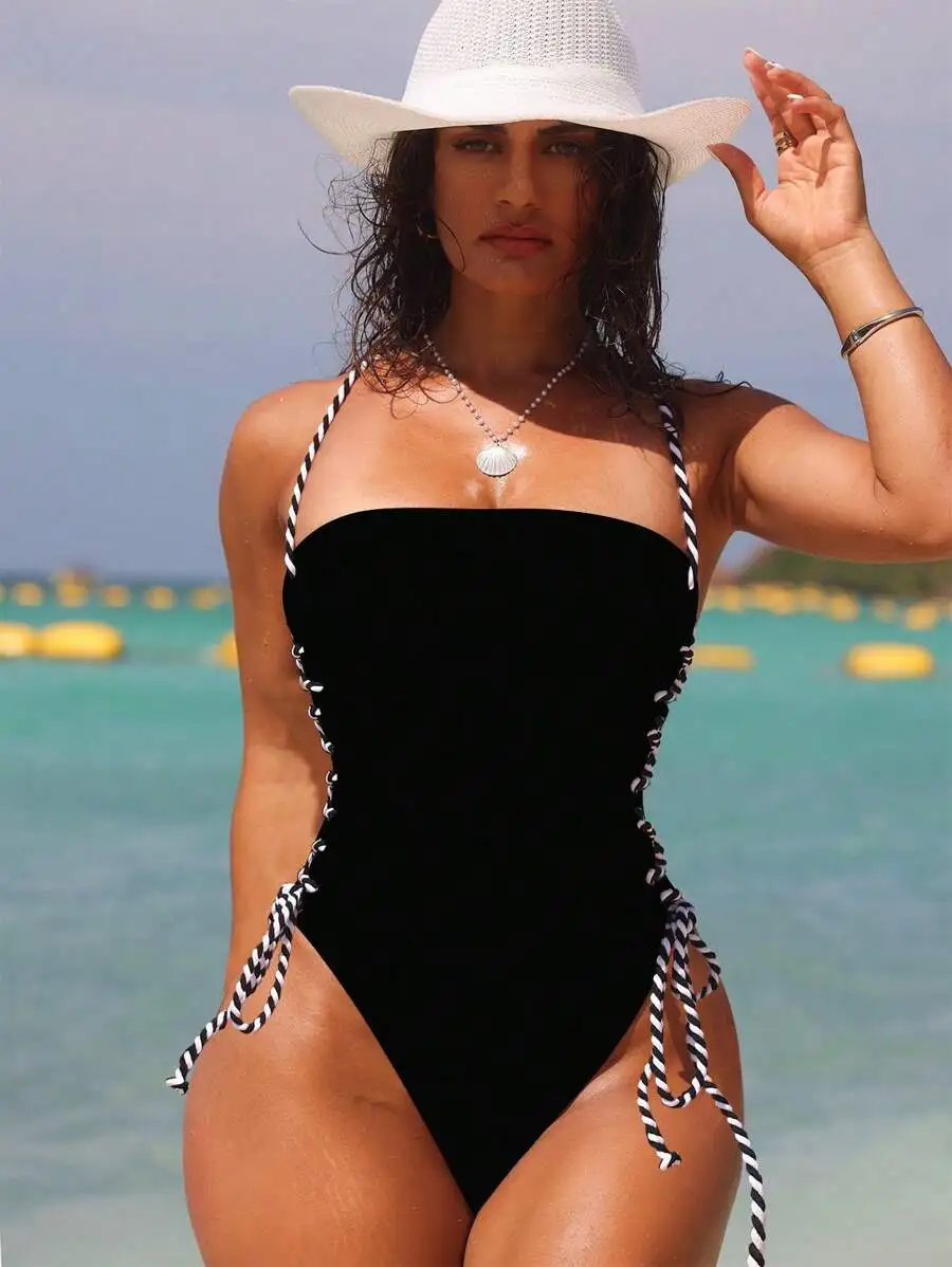 

Womens One Piece Swimsuit With Lace Up Side And Backless Design Summer