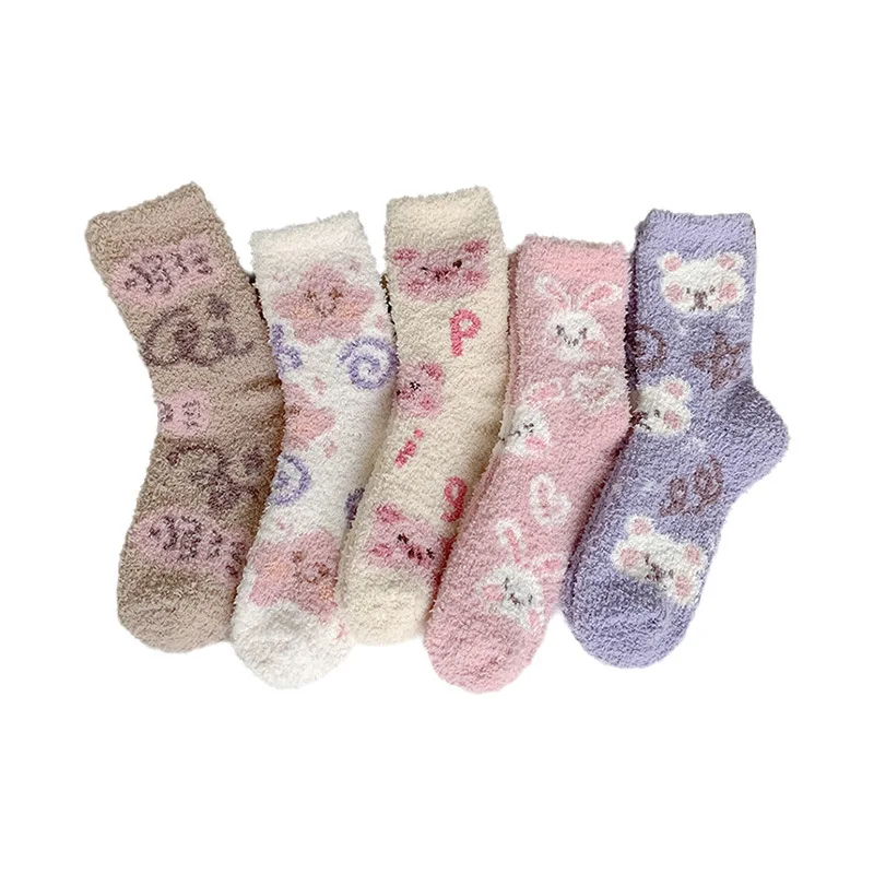 

3 Pairs of Thick and Warm Mid Tube Socks Sweet Cartoon Cute Coral Fleece Sleep Socks Warm and Loose Home Floor Socks