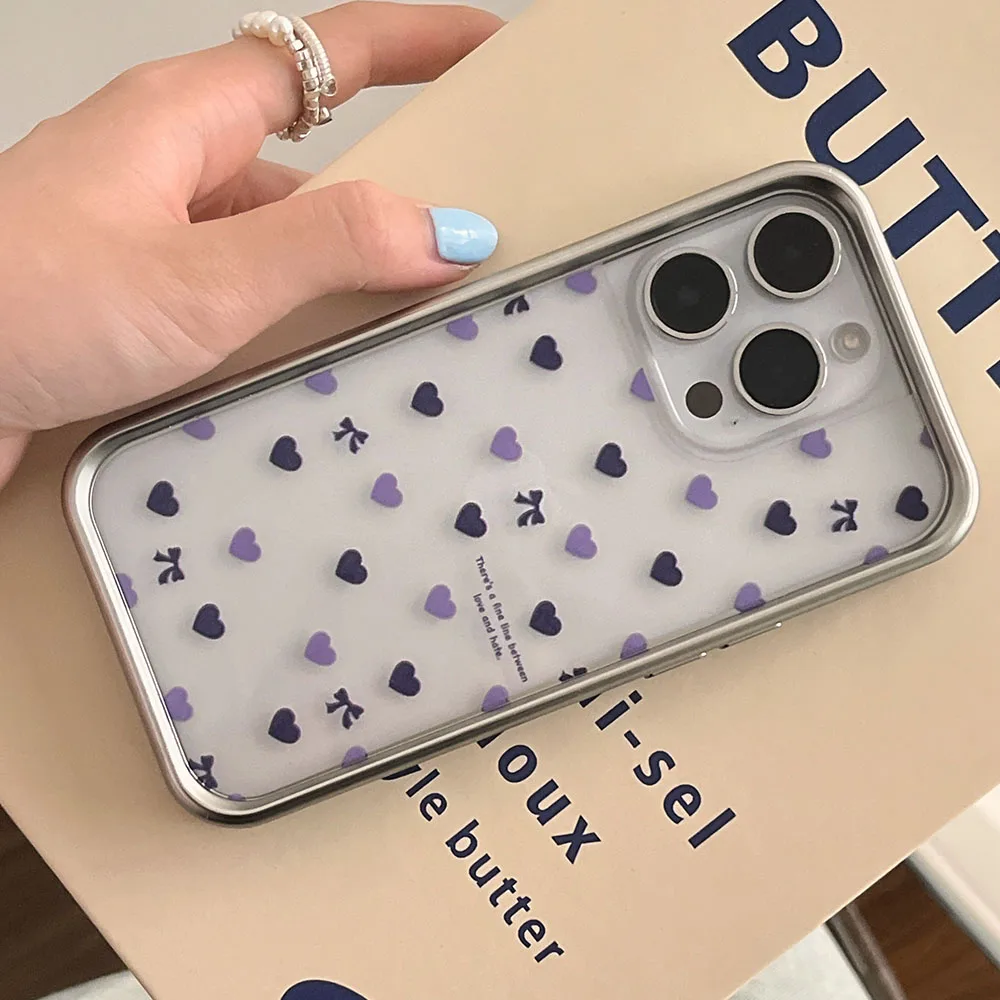 Чехол с бантом Love Heart для iPhone 15 Pro Max 14 13 12 Pro Max, гальваническая серебристая рамка, защитный чехол для телефона, мягкие прозрачные чехлы