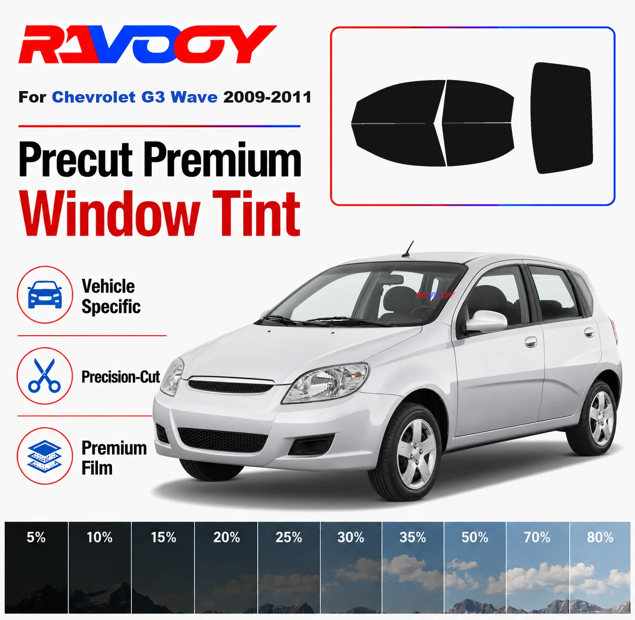 

Premium Precut Window Tint Kit Front Rear Windows Rear Windshield For Chevrolet G3 Wave 2009-2011 Complete Set Nano Ceramic Film