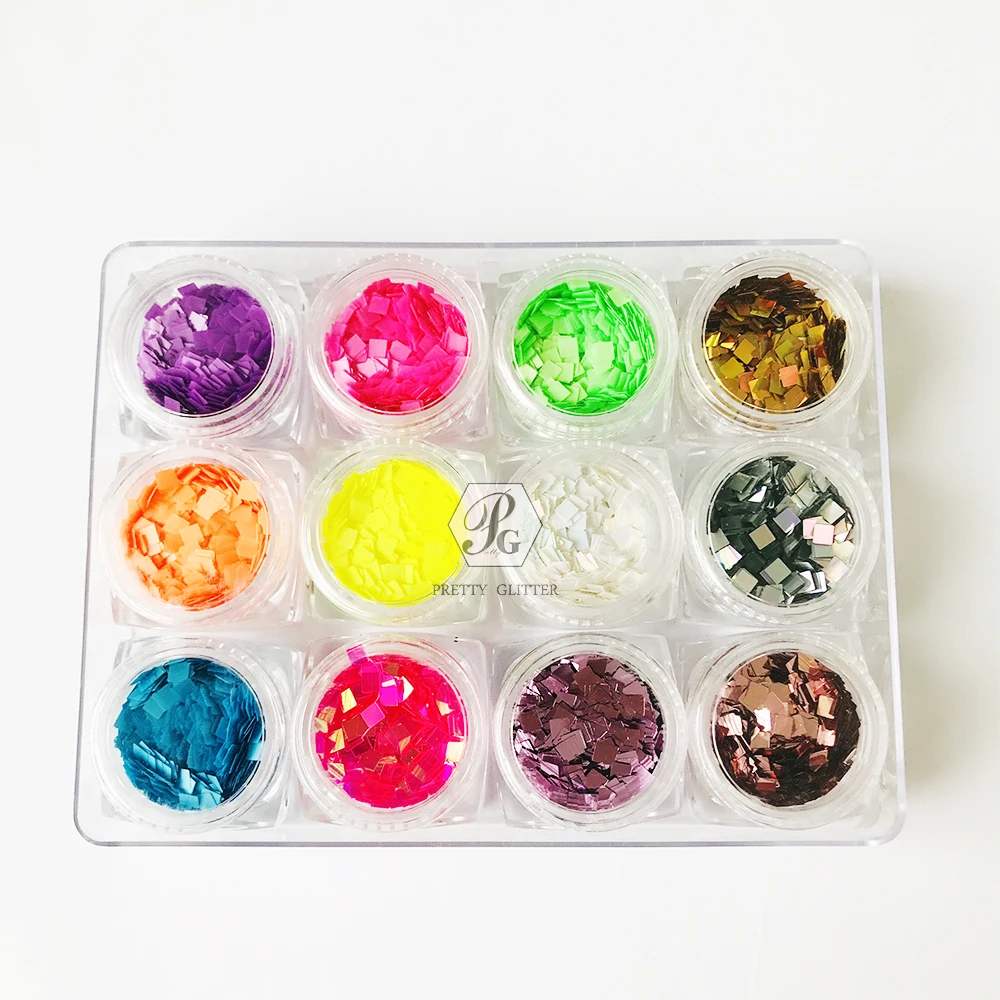 PrettyG Atacado 3mm Pequenas Formas Quadradas Glitter Espelho Preto Lantejoulas Glitter Para Arte Artesanato Prego Maquiagem Decoração Acessórios