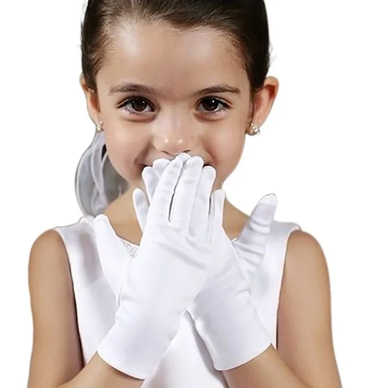 Kids Gloves White Short Satin Feel Boy Hold Flower Girl